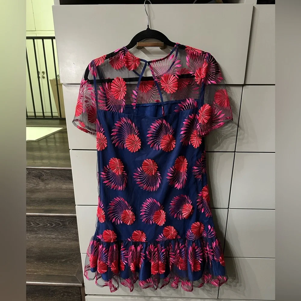 Trina Turk Embroidered Lacy Dropwaist Pink and Blue Dress, Sz 4, EUC